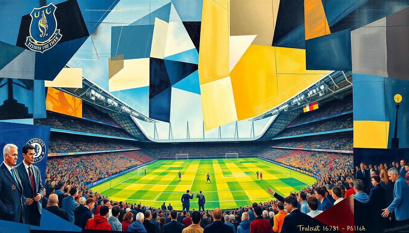 A cubist, geometric painting depicting the Everton vs Chelsea football match, with overlapping planes of color and shape representing the tactical battle on the pitch.