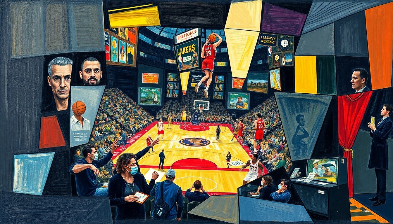 A cubist-style painting depicting a basketball game between the Lakers and Rockets, with the players and court broken down into sharp, overlapping geometric shapes and planes of color, capturing the dynamic energy and strategic complexity of the matchup.
