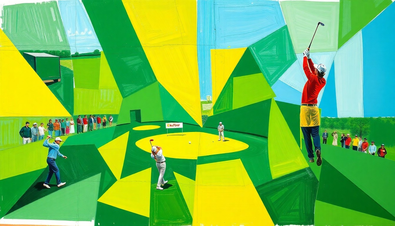 A cubist, geometric painting depicting a fragmented, multi-angled view of a golf tournament, with sharp planes of emerald green, canary yellow, and sky blue, conceptually representing the conflicting perspectives surrounding the controversial 'Egg Salad Hat'.