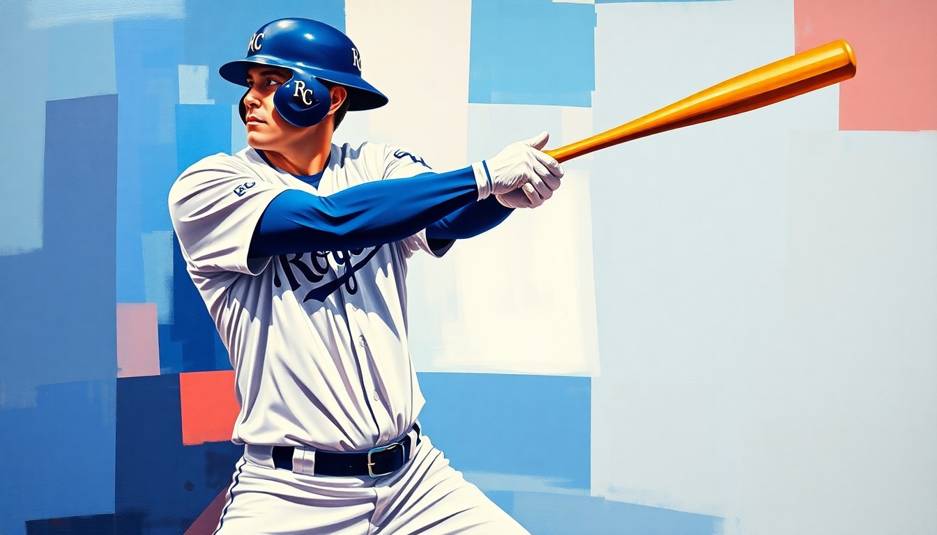 A cubist-style painting depicting a baseball player's batting stance and swing broken down into sharp, overlapping geometric planes in the Royals' uniform colors of royal blue, powder blue, and red, capturing the dynamic energy of the sport.