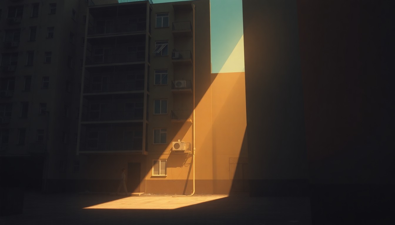 A cinematic painting of a run-down apartment building in warm, golden light, conveying the melancholy mood of the housing crisis through its solitary, abandoned feel.