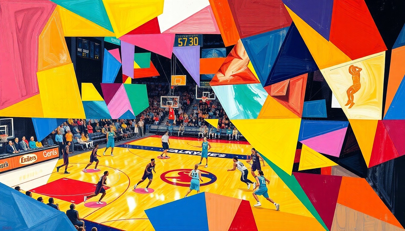 A cubist, geometric painting depicting a WNBA game or match, with sharp, overlapping planes of color representing the dynamic action on the court.