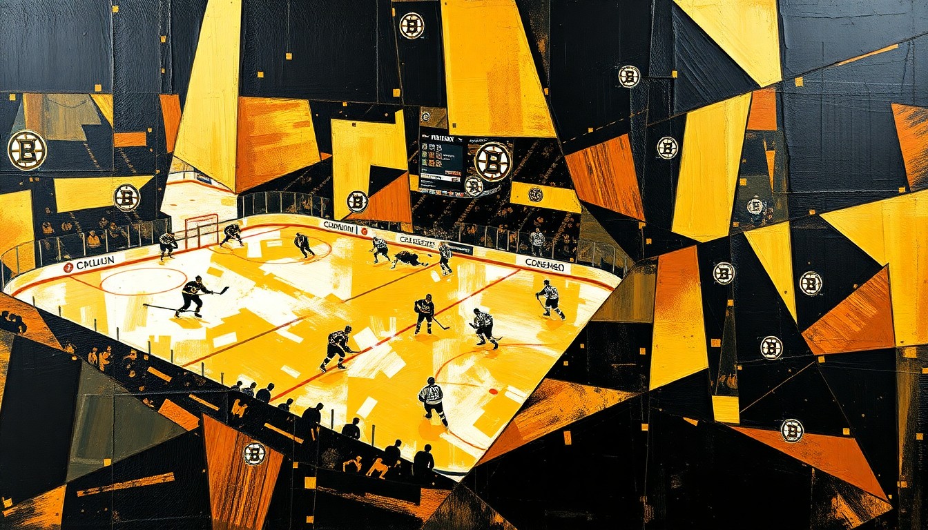 A cubist, geometric painting depicting a Bruins hockey game, with the players and ice rink broken down into sharp, overlapping planes of color in shades of black, gold, and brown, capturing the dynamic and unpredictable nature of the team's wild card race.