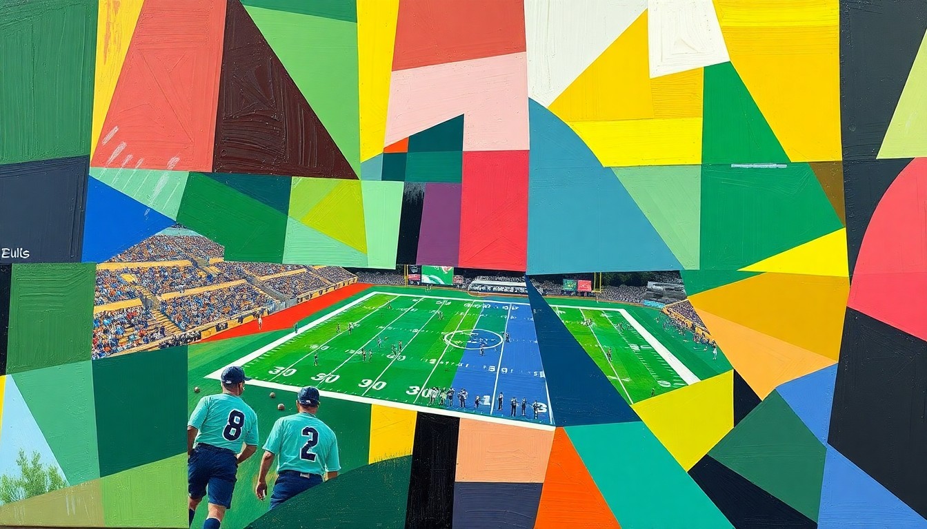 A fractured, geometric painting in the school colors of Greenville ISD, depicting an abstract scene of a high school athletic event or competition.