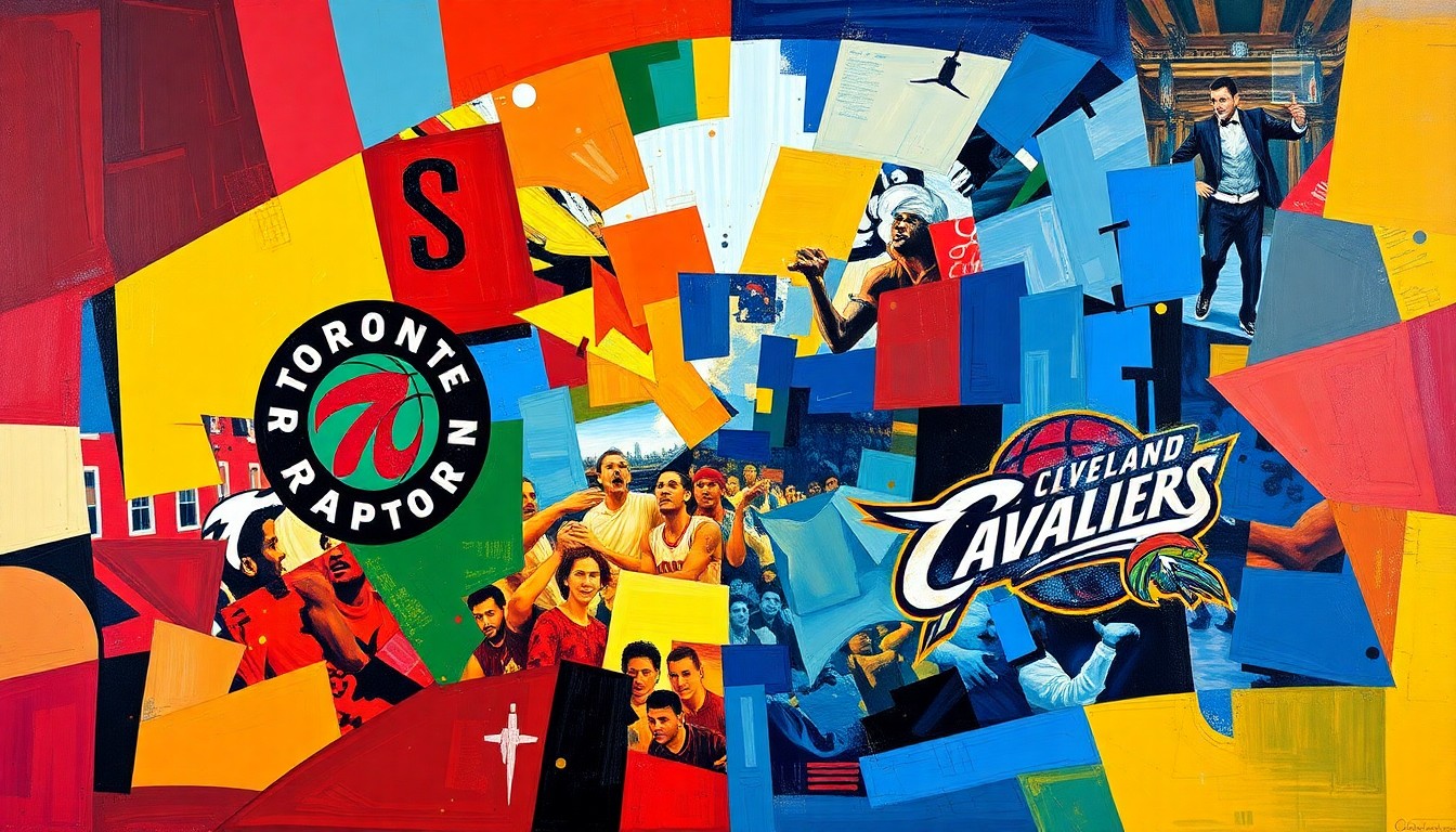 A cubist, multi-perspective painting in vibrant colors depicting a basketball game or competition, with sharp, overlapping geometric shapes and planes representing the action on the court.