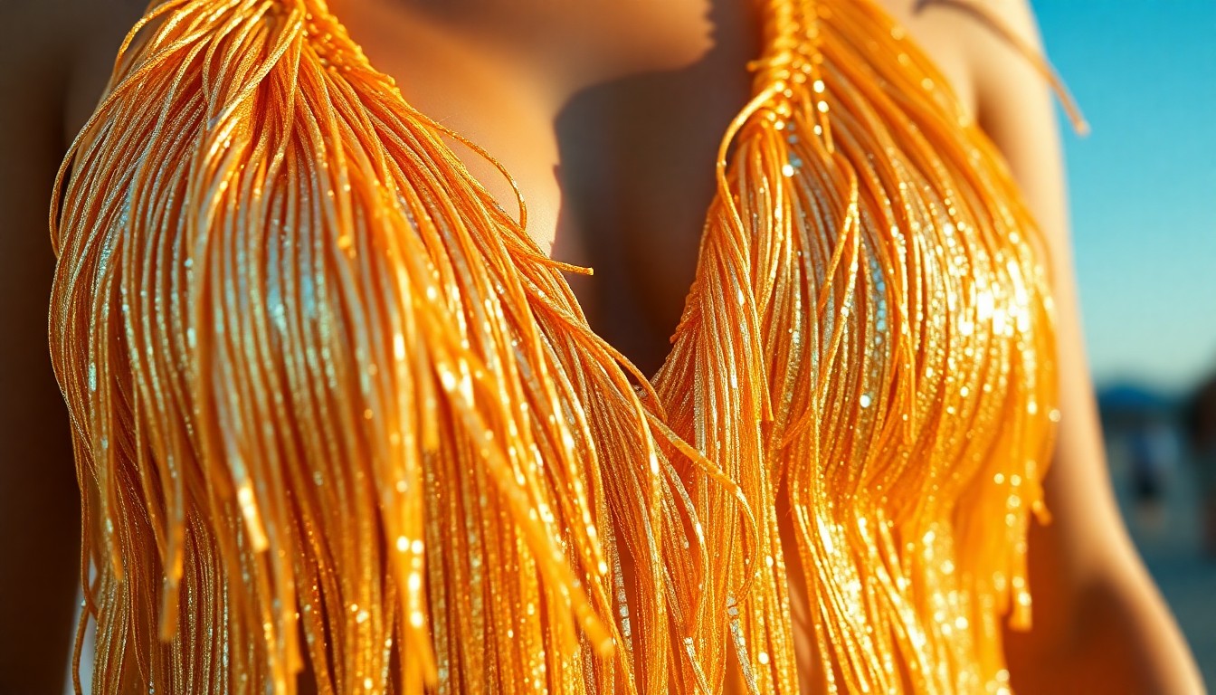 An extreme close-up photograph of a shimmering, golden-toned fabric with long, swaying fringes, capturing the luxurious texture and movement of a festival-inspired fashion piece.