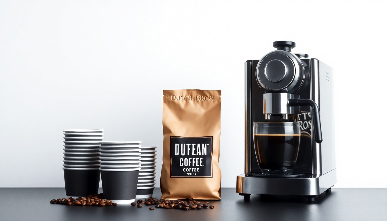 A high-end, photorealistic studio still-life photograph featuring a stack of coffee cups, a bag of coffee beans, and a sleek metal espresso machine against a clean, monochromatic background, conceptually representing the premium quality and attention to detail of the Dutch Bros brand.