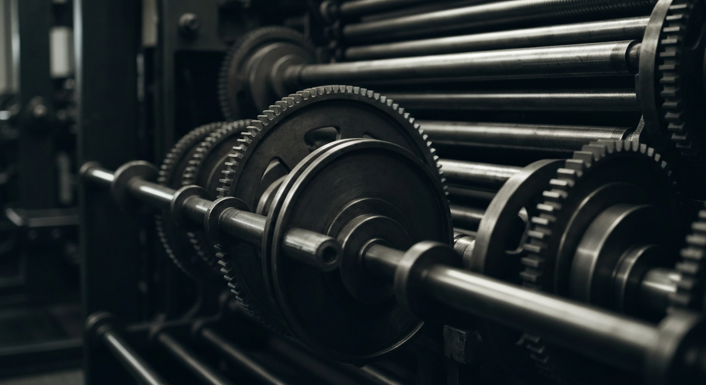 An extreme close-up of the complex, interlocking metal components of a large industrial printing press, conveying the physical and technological backbone of the modern media industry.