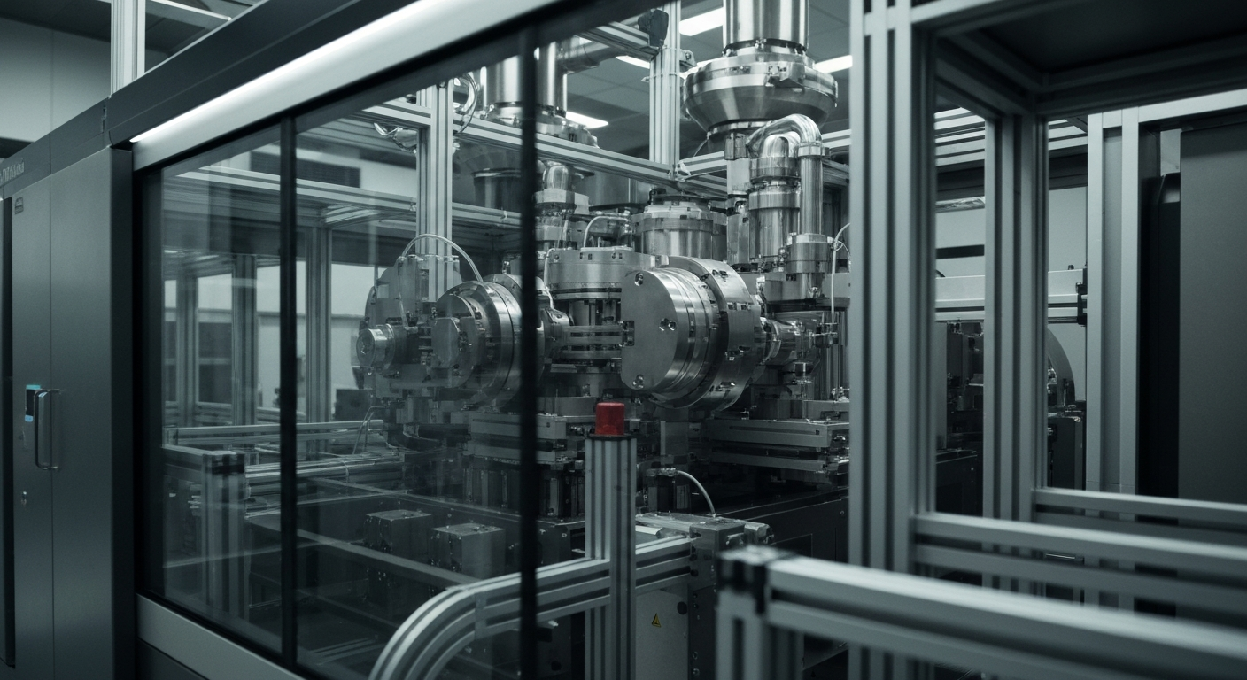 A highly detailed, industrial-style close-up view of the intricate machinery and components inside a genetic sequencing laboratory, conveying the complex, high-tech nature of Illumina's business.