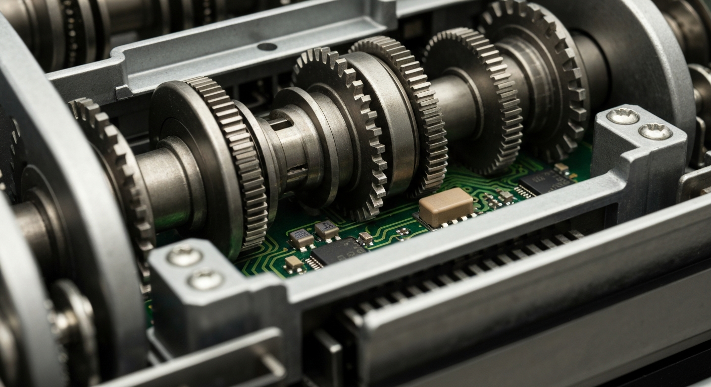 A close-up macro photograph of the internal mechanical components of a payroll processing machine, with a focus on the intricate gears, circuits, and metal housings, representing the complex financial infrastructure that powers modern HR and payroll software.