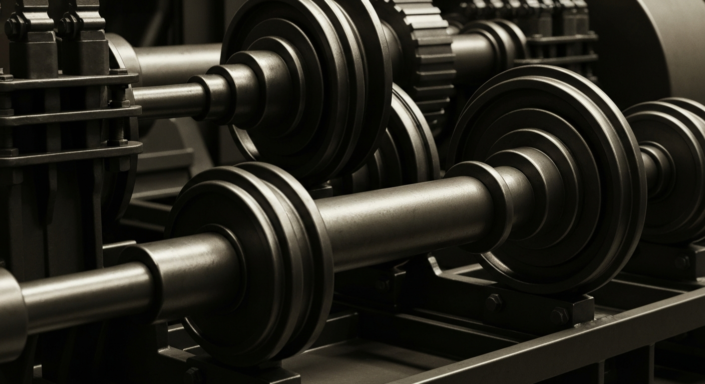 An extreme close-up of gears, belts, and other industrial auto parts machinery, conveying the physical, mechanical nature of the automotive supply chain without using literal financial symbols.