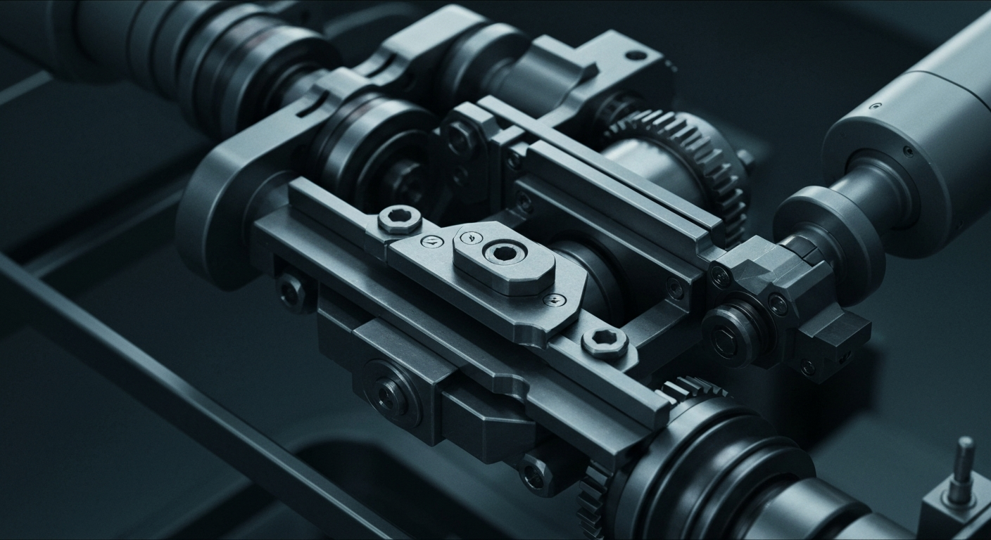 An extreme close-up of the precision machinery and components that make up a robotic surgical system, captured in a high-contrast, industrial style that emphasizes the technological sophistication behind these advanced medical devices.