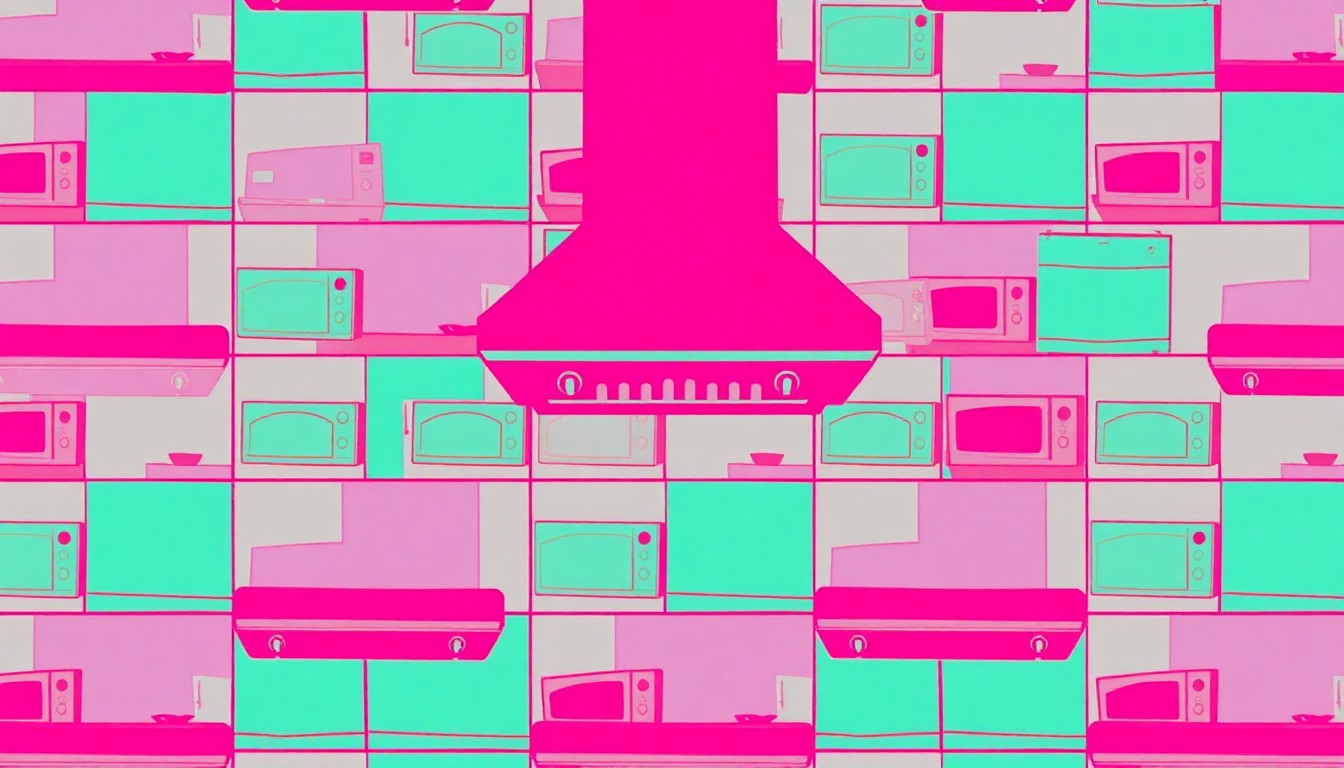 A high-contrast silkscreen print featuring a repeated image of a sleek, modern kitchen range hood in vibrant neon colors, conceptually representing the sophisticated design elements of the Atherton family home.