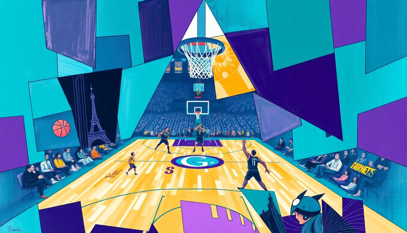 A fractured, multi-perspective painting in bold, geometric shapes and planes of teal, purple, and white, capturing the energy and movement of a basketball game.