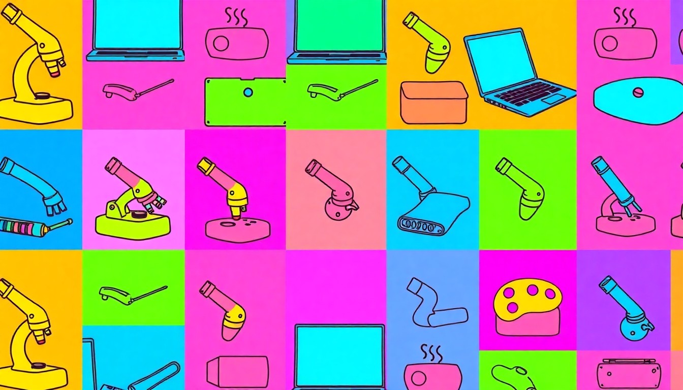 A brightly colored, high-contrast silkscreen print of a microscope repeated in a tight grid pattern, representing the STEAM education focus of the DorothyJeanius STEAM Leadership Institute.