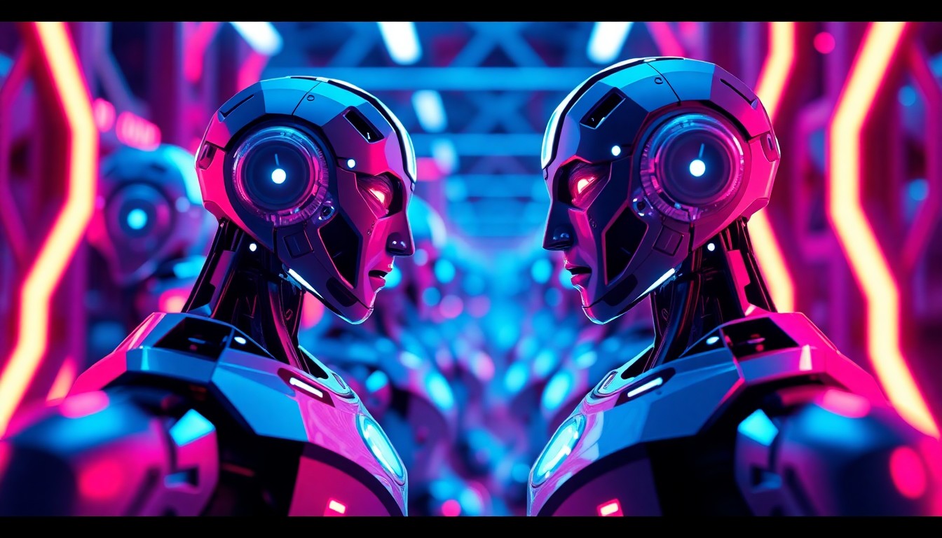 A highly detailed, glowing 3D illustration of Faraday Future's EAI robots, their metallic frames and sensors illuminated by vibrant neon lights, representing the company's innovative approach to integrating physical technology with AI-powered education.