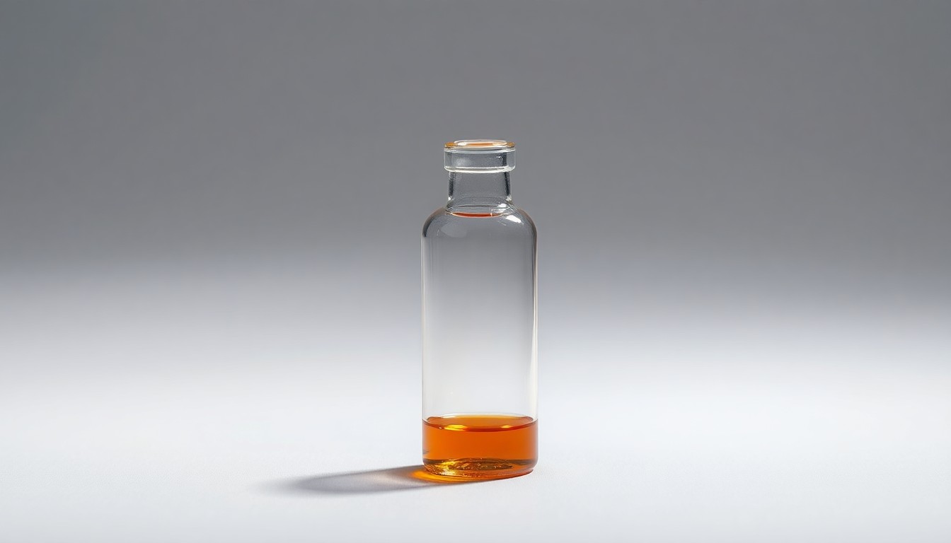 A photorealistic studio still-life image featuring a single glass vial filled with a viscous, amber-colored liquid, symbolizing the concentrated insulin formulation of Arecor's AT278 candidate. The vial is placed on a clean, monochromatic background, using dramatic lighting and shadows to convey the abstract concept of pharmaceutical innovation.