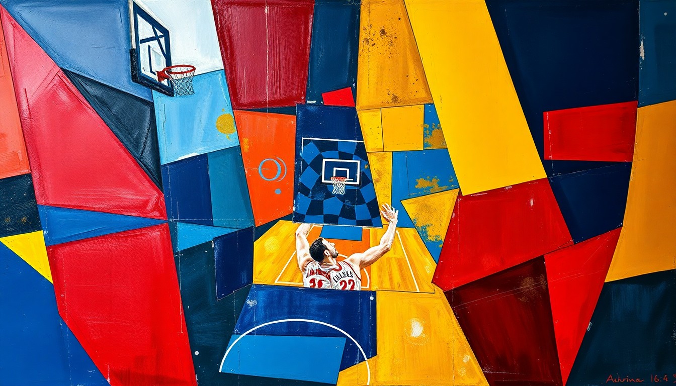 A cubist, geometric painting depicting the fragmented movements and perspectives of a basketball game, using bold colors to convey the energy and intensity of the sport.