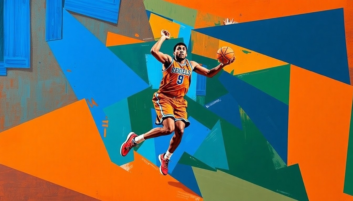 A cubist, geometric painting depicting a college basketball player in motion, with sharp, overlapping planes of color representing the player's movements and the intensity of the transfer process.