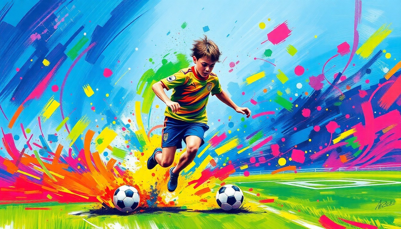 An abstract expressionist painting in vibrant neon colors, featuring the dynamic movement and energy of a young soccer player dribbling the ball, with faces and logos dissolving into unrecognizable splashes of paint.