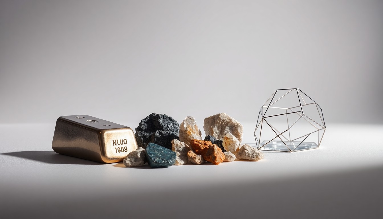 A high-end, photorealistic studio still-life photograph featuring polished metal, rare earth mineral samples, and a sleek desk organizer, symbolizing the abstract concepts of critical mineral supply and corporate strategy.