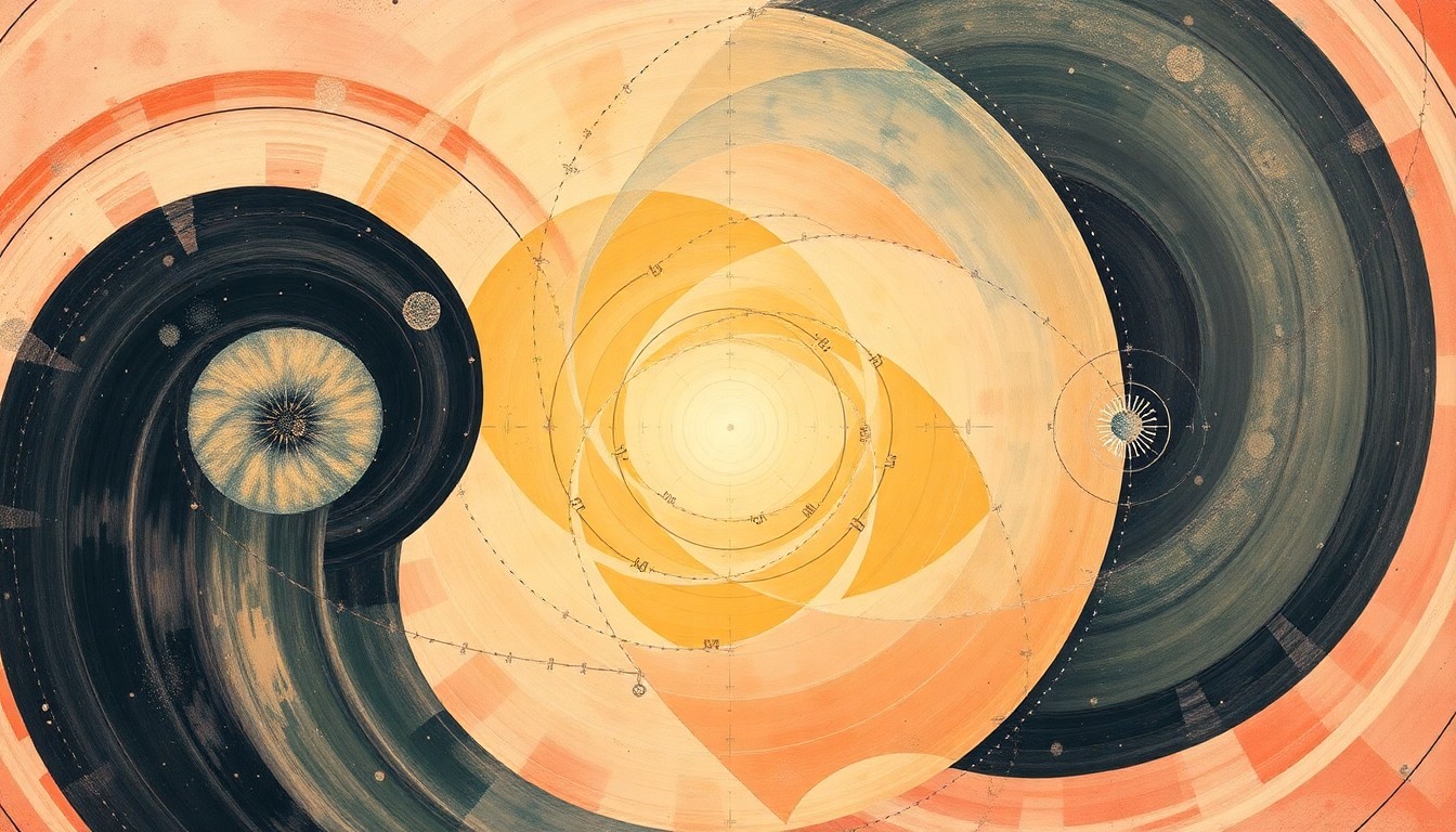 A bold, abstract painting in soft blues, greens, and purples featuring sweeping geometric arcs, concentric circles, and precise spiral patterns, conceptually representing the complex spectroscopic data and cosmic forces that the 4MOST telescope will explore.