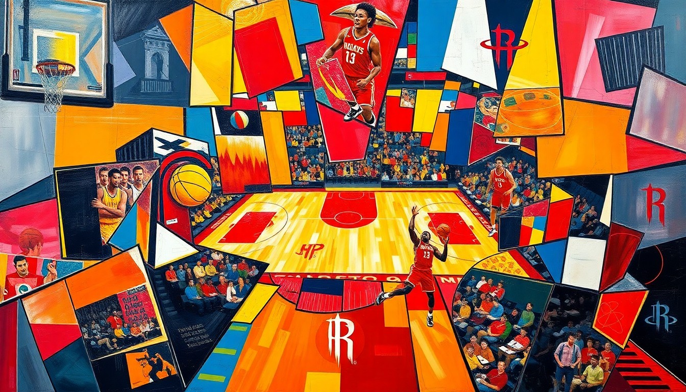 A dynamic, abstract painting depicting the intense action of a basketball game between the Atlanta Hawks and Houston Rockets, with the players and court rendered in a cubist, geometric style using bold, contrasting colors.