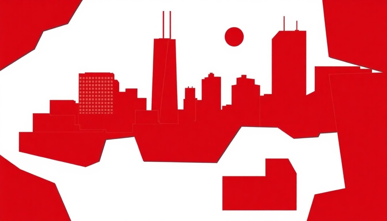 A striking abstract composition of jagged red and white geometric shapes, conceptually representing the interconnected world of the OneChicago television franchise.