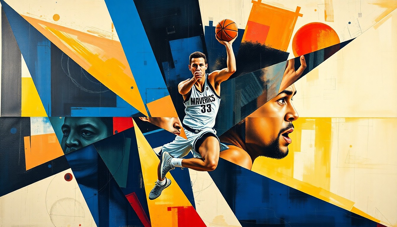 A cubist, geometric painting depicting fragmented basketball players and court elements, representing the uncertainty surrounding Klay Thompson's role with the Dallas Mavericks.