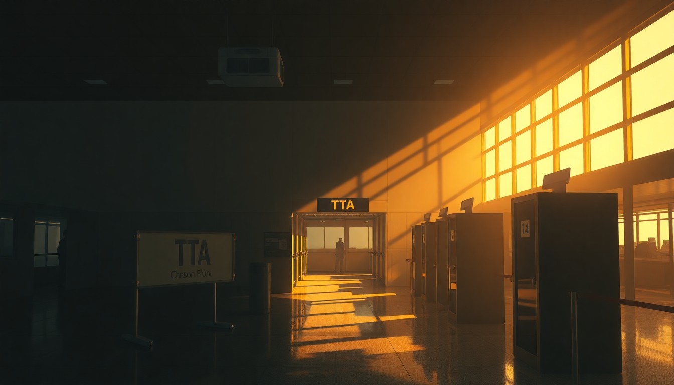 A dimly lit, cinematic painting of an empty airport security checkpoint, with long shadows cast across the floor and walls, conveying a sense of unease and disruption.