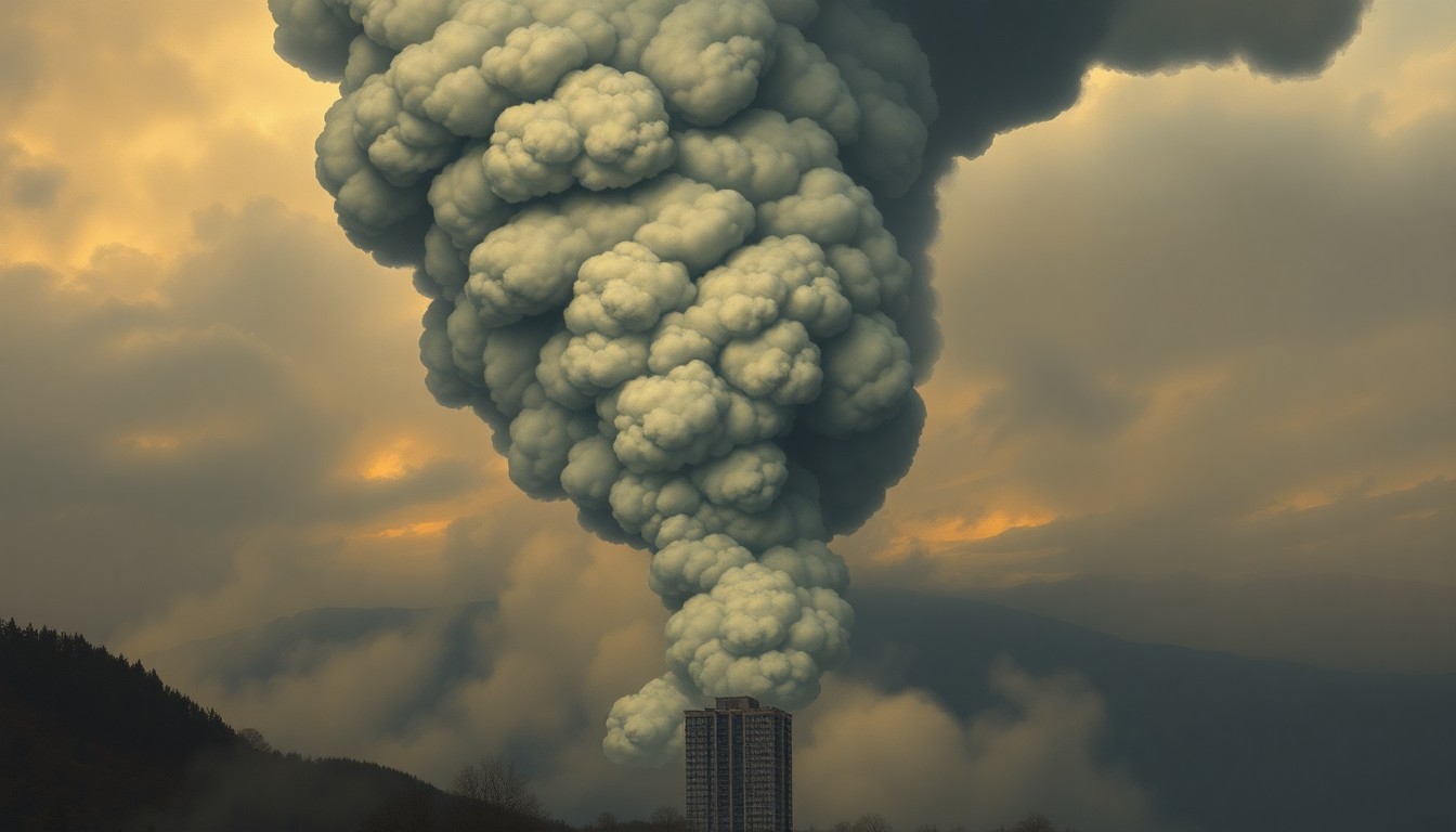 A sweeping, atmospheric landscape painting depicting a towering column of thick smoke rising into an overcast sky, with the silhouette of an apartment building barely visible in the distance, conveying the power and unpredictability of a fire emergency.