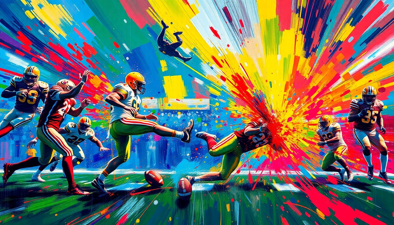 An abstract expressionist painting in neon colors, capturing the dynamic energy and movement of a field goal kicking contest, with the football and players' forms dissolving into vibrant brushstrokes.