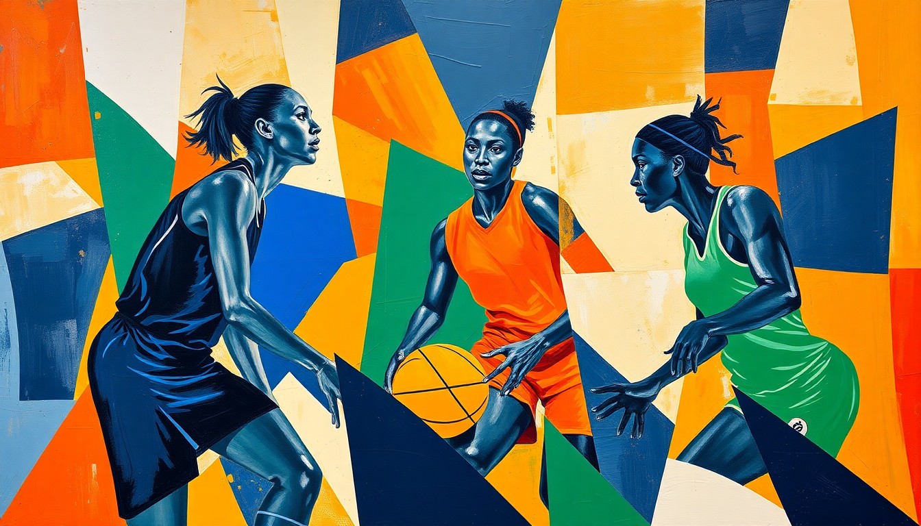 A cubist, geometric painting depicting a WNBA basketball game in abstract, overlapping shapes and planes of navy, green, and orange, conveying the dynamic energy and strategic shifts of the Chicago Sky's roster rebuild.