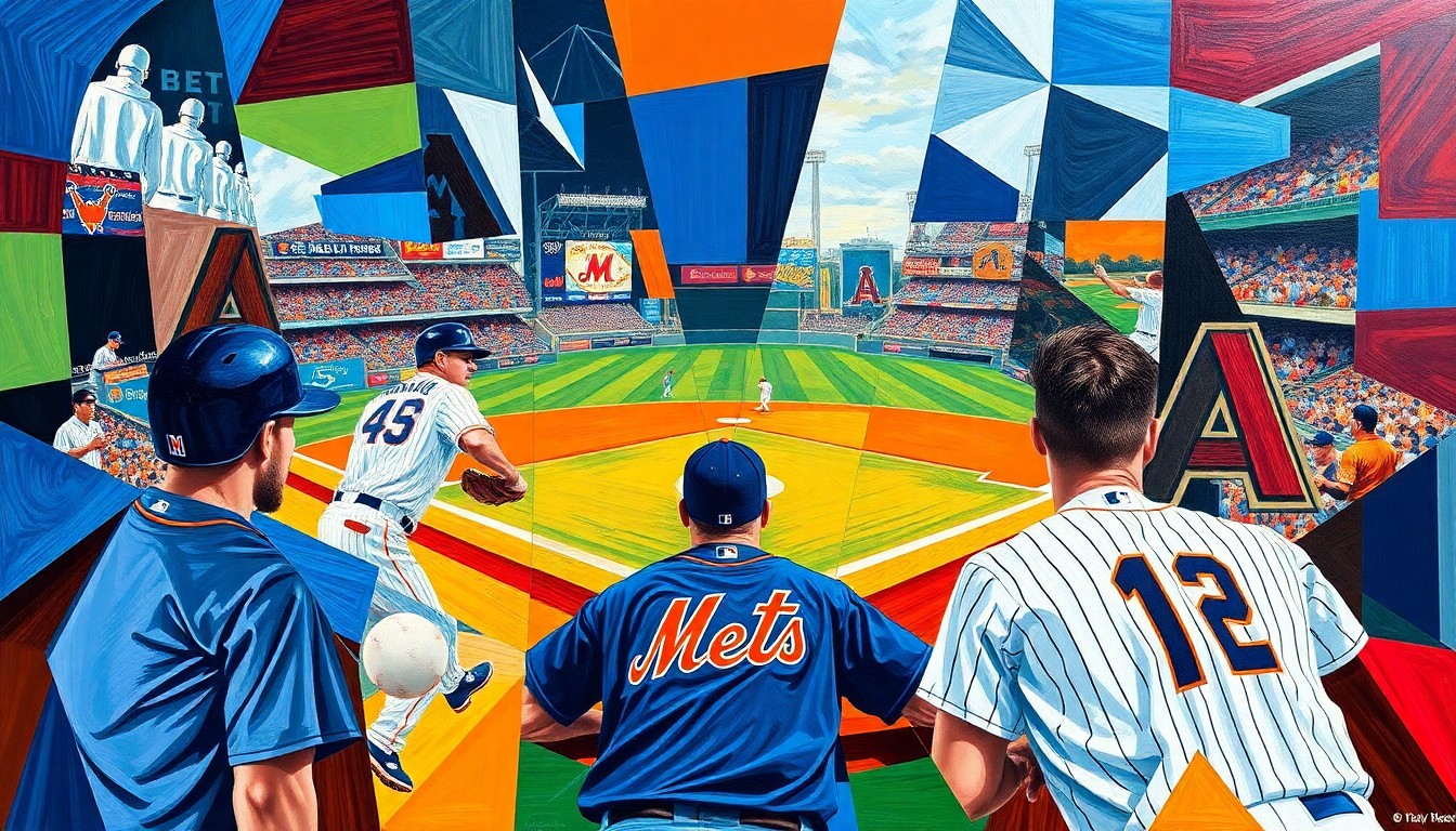 A fractured, geometric painting depicting a baseball game between the New York Mets and Arizona Diamondbacks, with sharp planes of color representing the players and field in an abstract, deconstructed style.