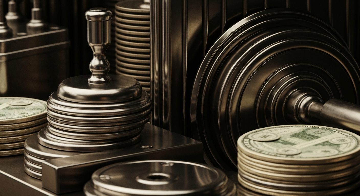 An extreme close-up of shiny, intricate banking mechanisms and objects, representing the secure and powerful world of finance without using literal currency or charts.