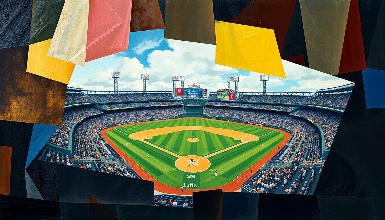 A cubist, geometric painting depicting a baseball game in a fragmented, multi-perspective style, with sharp, overlapping planes of color and form representing the dynamic action on the field.