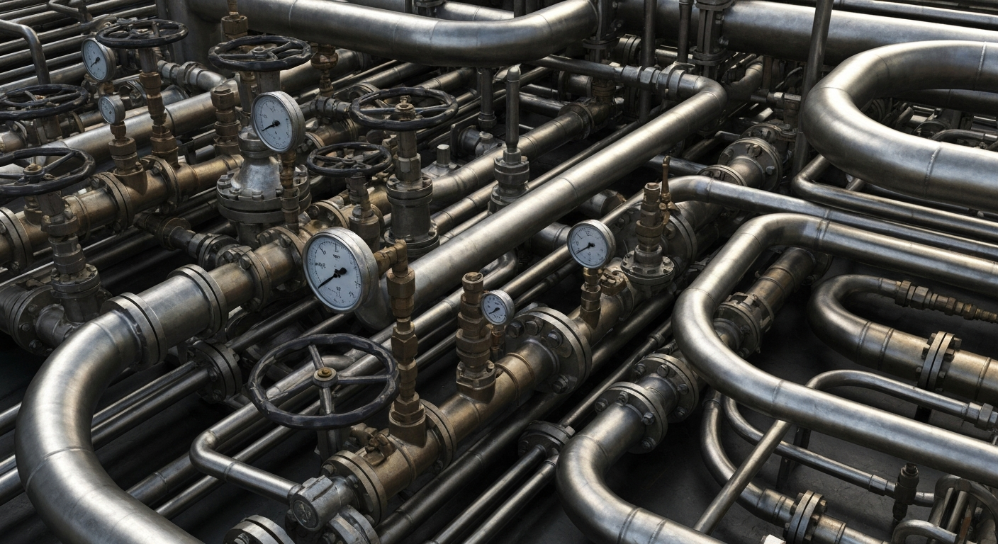 An abstract, cinematic close-up of heavy, industrial machinery and equipment used in the energy sector, conveying a sense of the complex, physical nature of the business.