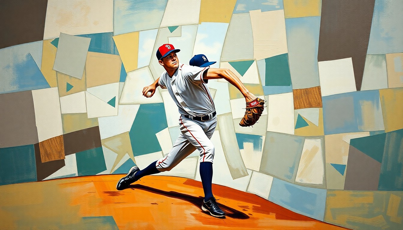 A cubist-style painting depicting a baseball player's throwing motion broken down into sharp, overlapping geometric shapes and planes, conceptually representing the fragmented state of the Orioles' roster due to injuries.
