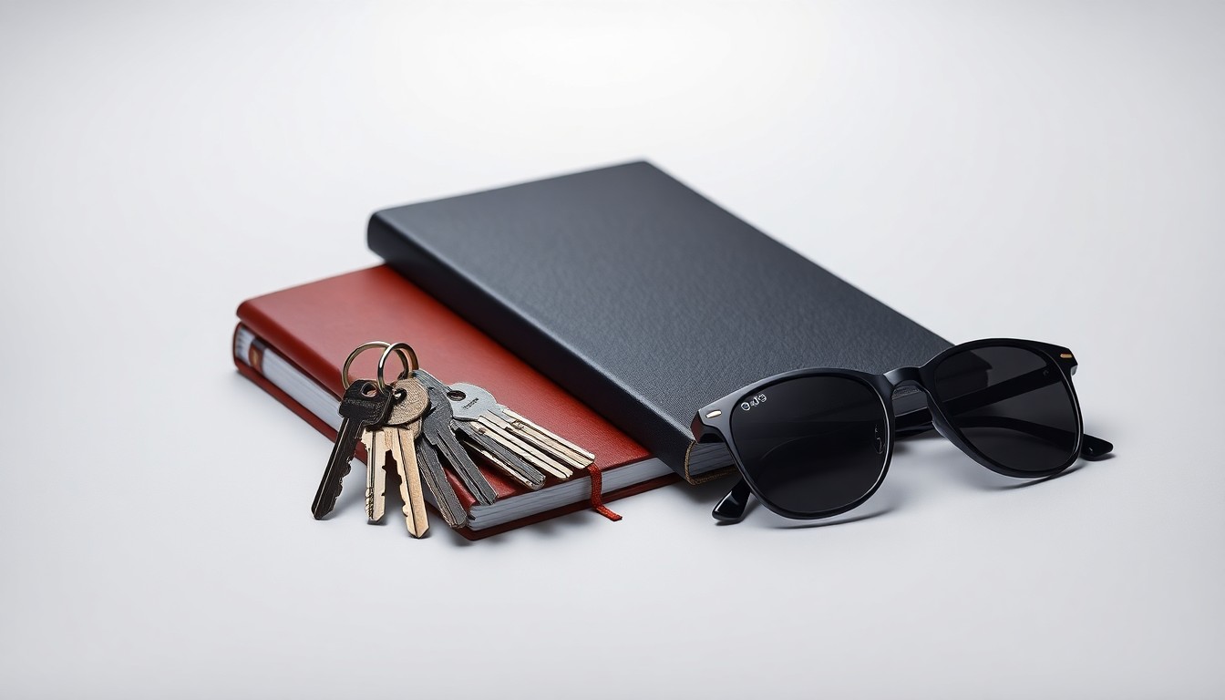 A minimalist studio still life featuring a stack of hotel room keys, a luxury travel journal, and a pair of designer sunglasses arranged on a clean, monochromatic background, symbolizing the competitive landscape of the hospitality industry.