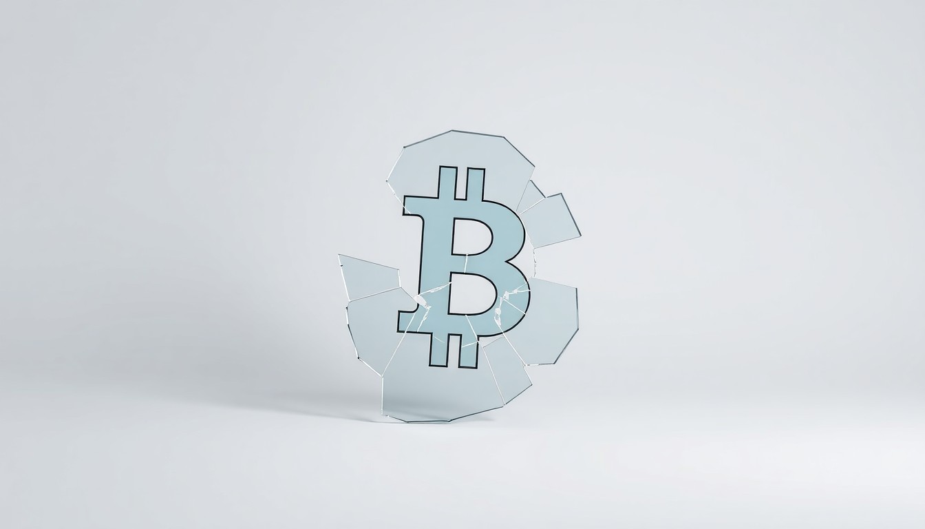 A photorealistic studio still-life image showing a shattered glass cryptocurrency exchange logo against a clean, monochromatic background, symbolizing the regulatory challenges facing the crypto industry.