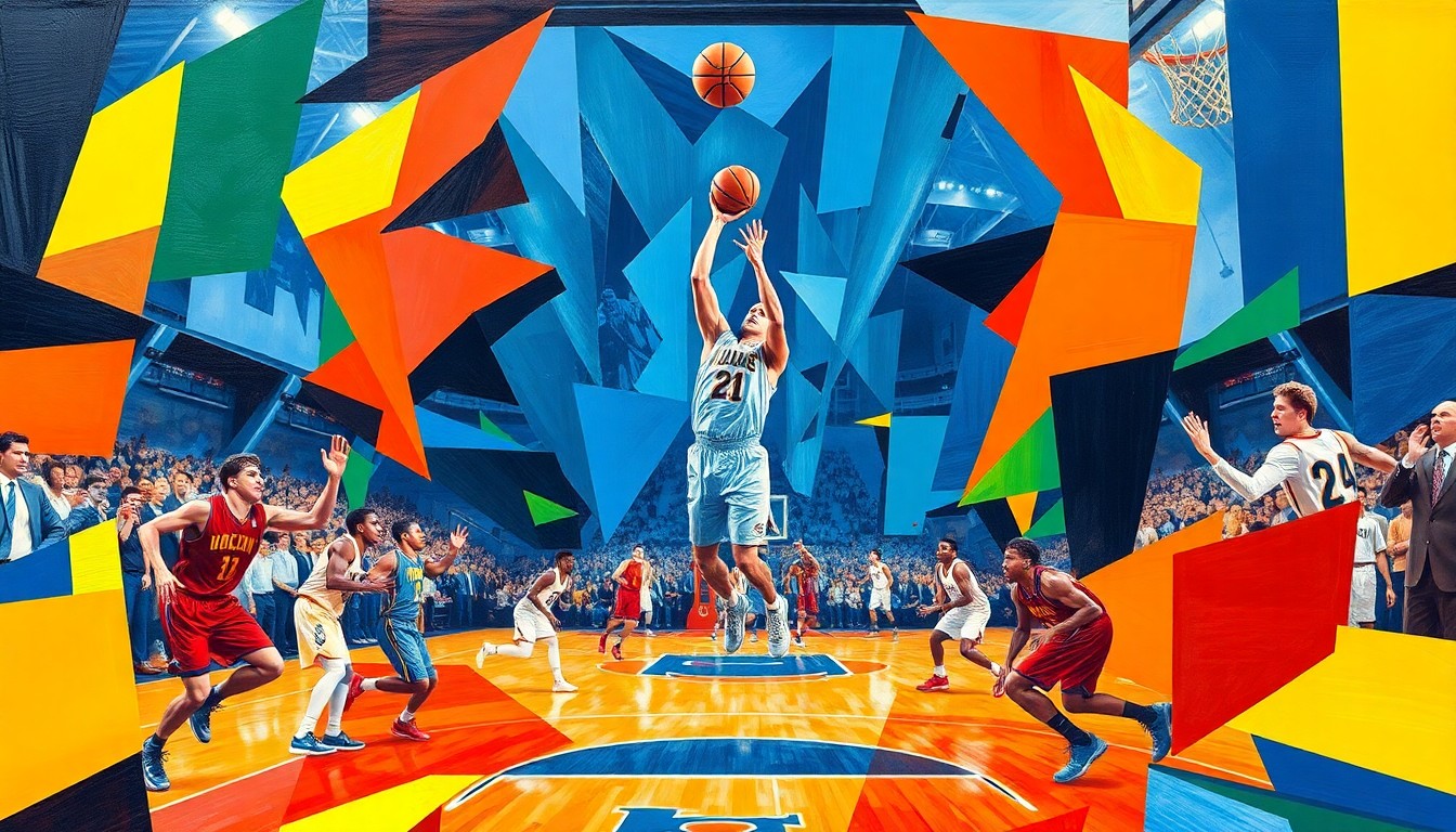 A cubist, geometric painting depicting a college basketball game-winning shot, with the players and court broken down into sharp, overlapping planes of vibrant colors, creating a dynamic, kinetic composition that captures the energy and emotion of the moment.