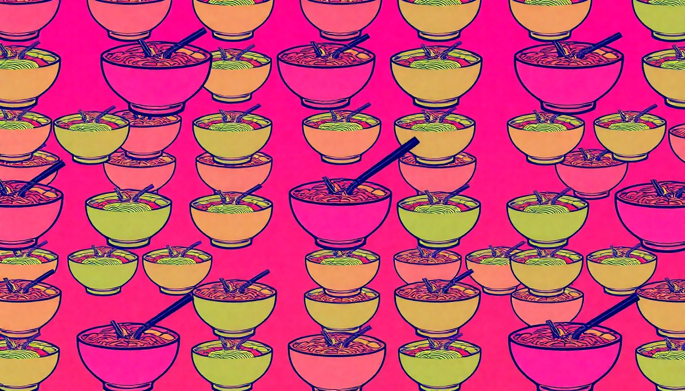 A vibrant, high-contrast silkscreen print featuring a repeated image of a ramen bowl in a grid pattern, rendered in a bold, neon color palette that captures the modern, artistic spirit of the new Jinya Ramen Bar location in Lake Grove, New York.