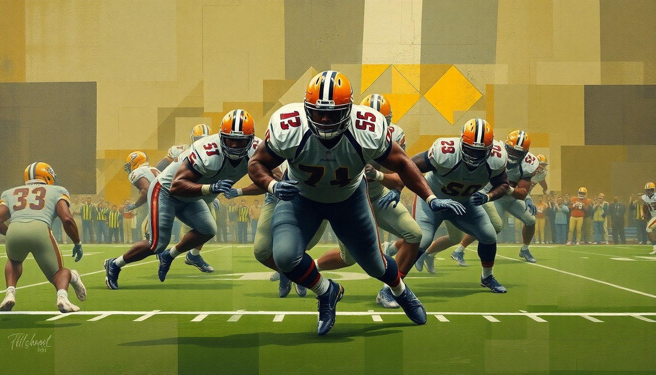 A cubist, geometric painting depicting a defensive lineman's movements and actions on the football field, with sharp, overlapping planes in muted earth tones.