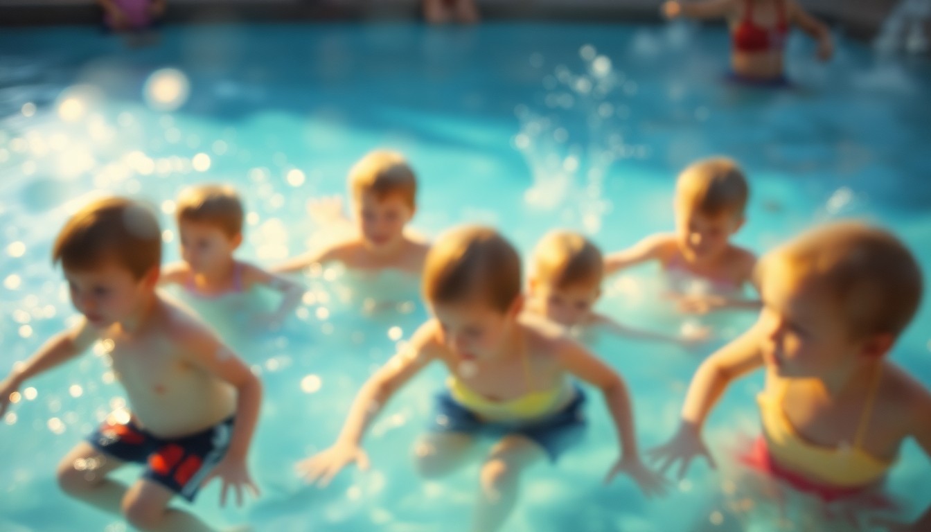 An abstract, impressionistic scene of children playing in a swimming pool, with soft, blurred colors and light creating a dreamlike, atmospheric mood.