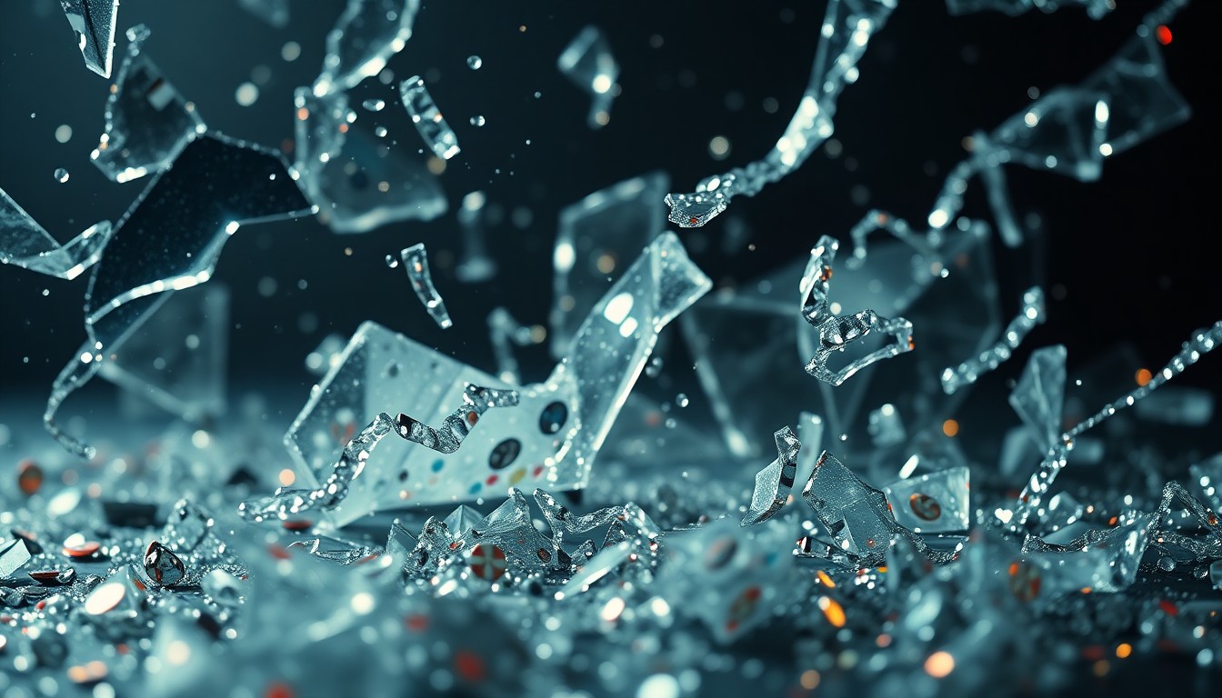 An abstract, high-contrast close-up photograph featuring shattered glass and glittering sequins, conceptually representing the dramatic and glamorous nature of the crime drama series 