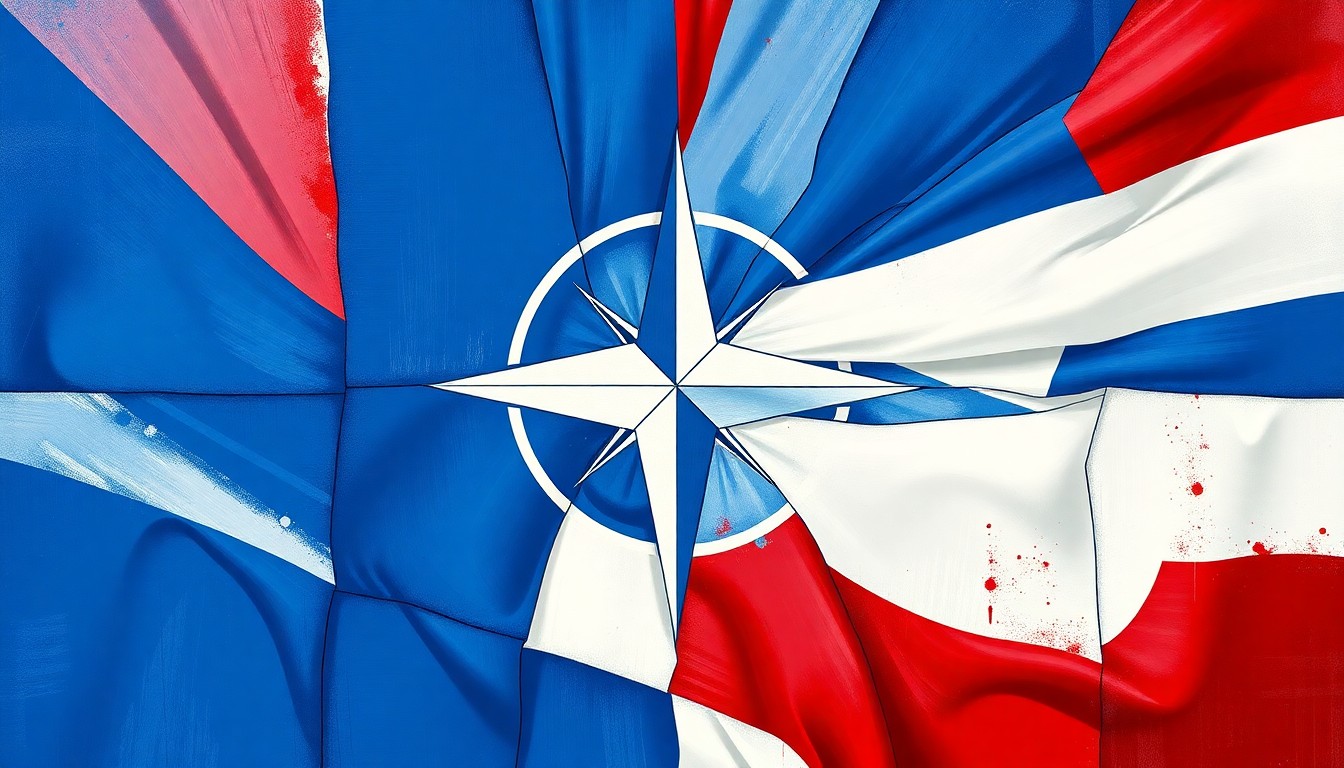 A vibrant, abstract painting featuring overlapping, geometric shapes in shades of blue, white, and red, conceptually representing the political tensions surrounding NATO and US defense spending.