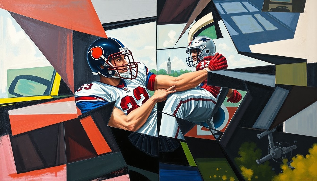 A fractured, geometric painting depicting the chaotic aftermath of a car accident, with overlapping planes of color and form representing the complex issues surrounding Rueben Bain's NFL draft prospects.