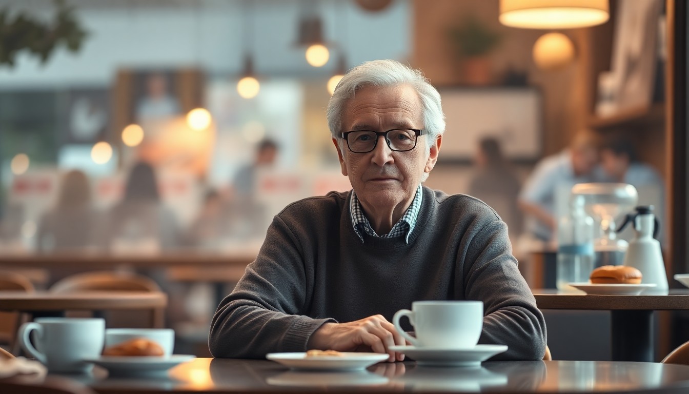 An extremely abstracted, out-of-focus photograph of an elderly person sitting at a cafe table, surrounded by blurred shapes of coffee cups, pastries, and other lifestyle objects in a warm, hazy color palette, conceptually representing the community support services available to help seniors in Alexandria age in place.