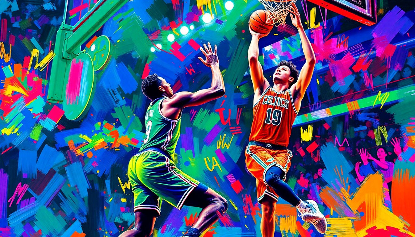 A dynamic, colorful painting featuring the blurred, energetic movements of two basketball players, capturing the intensity and excitement of the Celtics-Hornets game.