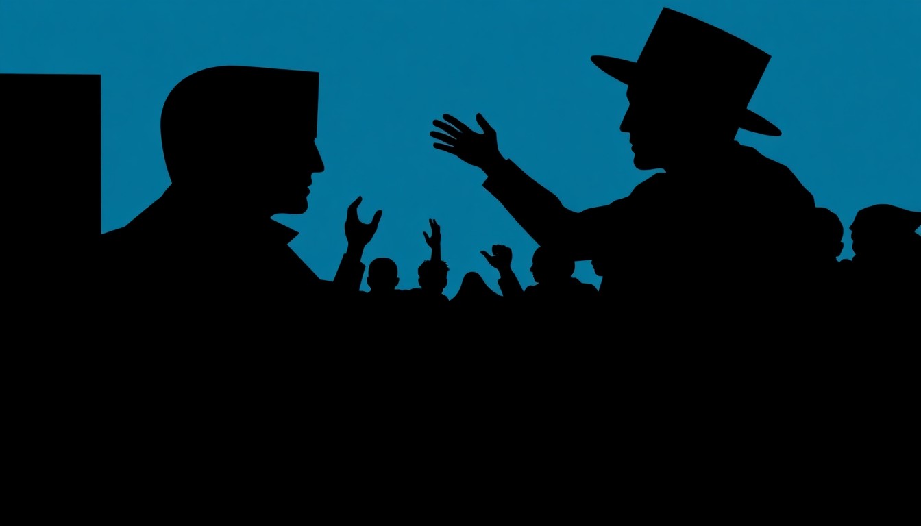 An abstract, minimalist illustration featuring sharp, angular black silhouettes and geometric shapes in contrasting colors, conceptually representing the clash between traditional Broadway financing and the disruptive influence of social media crowdfunding.